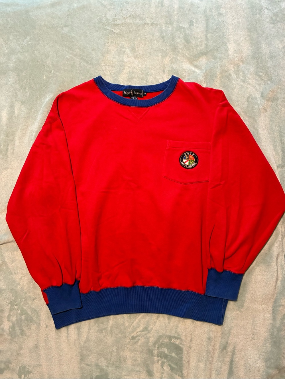 Ralph Lauren Red Original Cookie Crewneck Sweatshirt with Blue Trim